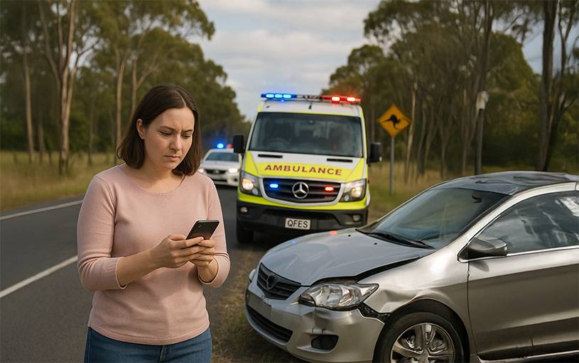 A worried woman standing on the side of a rural Australian road after a car accident, looking at her phone